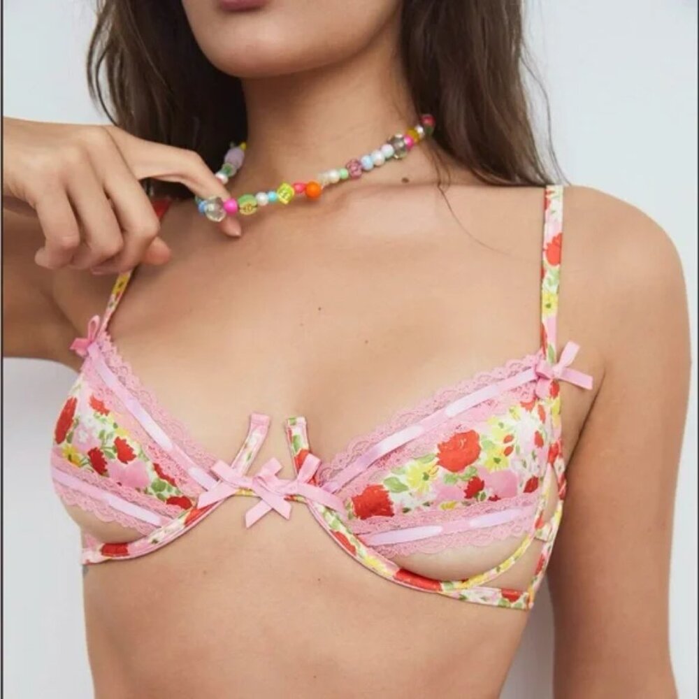 NWT For Love and Lemons Painterly Cutout Bra Pink Lace Floral Romantic Sz Large - Picture 1 of 11